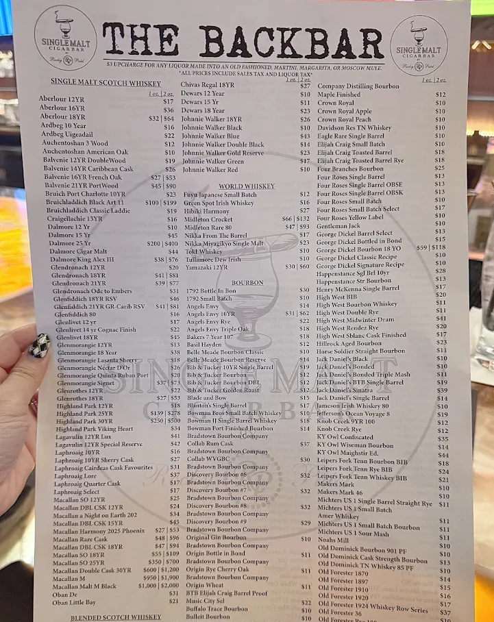 The Backbar drinks and whiskey menu at Single Malt Cigar Bar